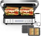 CATTLEMAN CUISINE Panini Press Grill Sandwich Maker with Removable Plates, 1600W, 6 in 1 Indoor Grill with Meat Thermometer, Electric Contact Grills for Kitchen, Stainless Steel