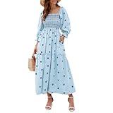 ABYOVRT Women Floral Embroidered Maxi Dress Long Puff Sleeve Square Neck Bohemian Flowy Dress with Pockets Smocked Fall Dress (Sky Blue,L)