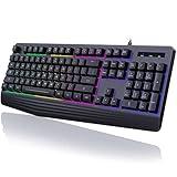 yesbeaut Gaming Keyboard, 7-Color Rainbow LED Backlit, 104 Keys Quiet Light Up Keyboard, Wrist Rest, Whisper Silent, Anti-ghosting Multimedia Keys, Waterproof USB Wired Keyboard for PC Mac Xbox