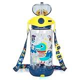 YOYTOO Kids Water Bottle with Straw/Lanyard for School Kids Boys, 22 oz BPA Free Child Drinking Water Bottle One-Click-Open Leak-Proof Locking Flip Lid for Back to School Sport Travel (Blue Dinosaur)