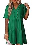 Dokotoo Womens Spring Summer Dresses for Women 2025 Short Sleeve V Neck Casual Flowy Swing Shift Dresses A Line Babydoll Mini Dress for Wedding or Graduation Dark Green Dress L