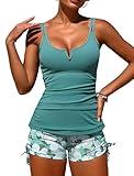 ZAFUL Womens Two Piece Tankini Swimsuit Round Neck V-Wire Modest Tummy Control Slimming Bathing Suits with High Waisted Shorts Green Bloom L
