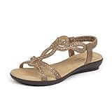 VJH confort Women’s Flat Sandals,Comfort Elastic Strap Rhinestone Open Toe Slip-On Casual Walking Sandals(Bronze 8.5)