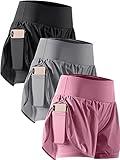 CADMUS 2 in 1 Women's Workout Shorts Athletic Gym Running Shorts for Women Sport Pro Shorts with Phone Pockets,3 Pack, Black & Gray & Purple, XX-Large