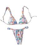 Generic Women's High Waisted Bikini Set Floral Print Spaghetti Strap Smocked Wireless Bathing Suit Swimsuit 2 Piece Set Multicolor Large