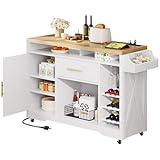 YITAHOME Large Kitchen Island with Power Outlet, Rolling Kitche Cart with Wine Rack, Mobile Storage Islands with Spice Rack Glass Holder, Island Table on Wheels for Living Room, 50 Inch Wide, White