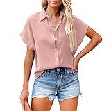 Davenil Women Short Sleeve Button Down Shirts Linen Casual Collar Blouses Pink Size S