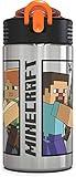 Zak Designs Minecraft - Stainless Steel Water Bottle with One Hand Operation Action Lid and Built-in Carrying Loop, with Straw Spout is Perfect for Kids (15.5 oz, 18/8, BPA-Free)