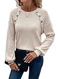 Acelitt Fall Winter Ribbed Knit Shirts for Women 2024 Trendy Casual Long Sleeve Lace Patchwork Tunic Tops Decorative Buttons Pullover Sweaters Apricot M