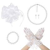 Fumwase 5Pcs Tea Party Fascinators Hat With Lace Gloves, Pearl Necklace, Earring, Bracelet - Party Favors Kit, Costume Accessories, Decoration (White)