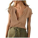 Women Deep V Neck Low Cut Tops Casual Ribbed Knit T Shirts Summer Short Sleeve Tees Fat Shirts for Women (Khaki, XL) Workout Shirt