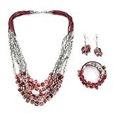 SHOP LC DELIVERING JOY Boho Jewelry for Women - Bead Bracelet Beaded Necklace and Earring Sets for Women - Layered Summer Jewelry Christmas Gifts - Maroon Red