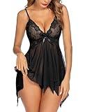 Avidlove Babydoll Lingerie for Women Honeymoon V Neck Chemise Sexy Exotic Open Front Negligee XXXL Black