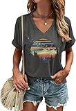 Women's Adventure Nature V Neck Shirt Funny Retro Pine Trees Sunnset Graphic Short Sleeve Tee Nature Lover Summer Tops Funny Camping Forest Shirt Outdoor Shirt(XL,Dark Grey-H)