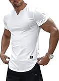 JMIERR Mens V-Neck Muscle Slim Henley Shirt Workout Gym Athletic Shirt Summer Fashion Short Sleeve White Shirt for Men,US 40(M)