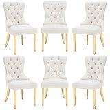 civama Dining Chairs Set of 6, Elegant Luxury Velvet Tufted Dining Chairs Golden Legs & Nailhead Trim, Back Lion Head Pull Ring & Rhomboid Pattern, Nikki Collection Armless Kitchen Chair, Beige