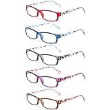 Reading Glasses 5 Pairs Fashion Ladies Readers Spring Hinge with Pattern Print Eyeglasses for Women (5 Pack Mix Color, 2.0)