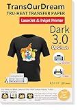 TransOurDream Tru-Heat Transfer Paper for Inkjet & Laserjet Printer (20 Sheets, 8.5x11", Dark 3.0) Printable HTV Heat Transfer Vinyl for T Shirts Iron on Transfers for Dark Fabrics (TRANS-D3-20)