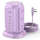 AiJoy Power Strip Tower with 9 Outlets and 5 USB Ports (2 USB C), 1200J Surge Protection, 1625W Flat Plug Extension Cord with Multiple Outlets Extender for Dorm Home Office Supplies, Purple