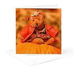 3dRose Greeting Card - Cute Girl Teddy Bear In Autumn Hues Sitting on a Harvest Pumpkin - Autumn Collection