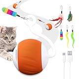 Cat Toys Interactive for Indoor Cats, Touch & Sound Smart Control - Fast slow 2 Speed Motion Activated Cat Ball Toy for Bored Cats With LED Lights, Feathers Tail, USB Charging Cable, 6in1 - Orange