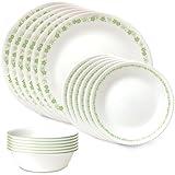 Corelle Vitrelle 18 Piece Glass Dinnerware Sets, Service for 6, Triple Layer Chip & Crack Resistant Glass Plate and Bowl Sets, Spring Blossom Green