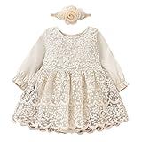 Baby Girl Lace Romper Dress Newborn Long Sleeve Floral Lace Tutu Jumpsuit Dress with Headband Boho Birthday Pageant Party Fall Outfits Beige-Ruffle 2PCS 0-3 Months