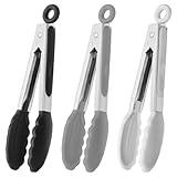 HINMAY Small Silicone Tongs 7-Inch Mini Serving Tongs, Set of 3 (Black Gray White)