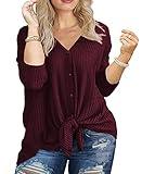 OLRIK Womens Plus Size Tops Long Sleeve V Neck Waffle Knit Tunic Blouse Tie Front Button Up T Shirts Wine Red-3X Plus