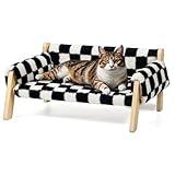 Elevated Cat Couch Bed for Indoor Cats - Wooden Pet Sofa with Removable Washable Thick Cover Raised Kitty Lounge Chair Suitable for Puppy or Small Animals(Cat Sofa Chessboard)
