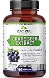 Zazzee High Strength Grape Seed 50:1 Extract, 20,000 mg Strength, 180 Vegan Capsules, 95% Polyphenols, 400 mg per Capsule, 6 Month Supply, Standardized 50X Extract, Non-GMO, Made in The USA