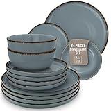 Stoneware dinnerware set 8 persons Rustic 24 pcs - Rustic design dinnerware set, dishwasher safe - Bowl and plate set - Pure Living dinnerware in smoky blue…