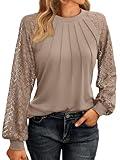 AUTOMET Womens Long Sleeve Shirts Lace Tops Business Casual Fall Fashion Outfits Clothes Knitted Y2k Blouses Khaki M