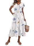 Zeagoo Midi Dresses for Women Short Sleeve Casual Floral Button Down Loose Long A Line Swing Beach Dress White Floral XL