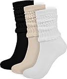 BomKinta Crew Slouch Socks Women - Retro Scrunch Short Sock - Soft Solid Ankle Socks Size 5-11 3 Pair Black White Cream