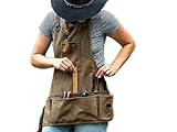 Ironwood Tool Co. 16oz Waxed Canvas Garden Tool Apron with shoulder pads, double stitched pocket, metal grommets for strap