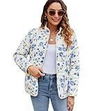 Yozazzy Women's Cropped Floral Quilted Jacket Lightweight Open Front Padded Puffer Coat(Bluewhite-XS)