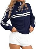 Trendy Queen Women's Knit Zip Up Jackets Trendy Color Block Y2K Sweater Coats 2024 Mock Turtleneck Gym Workout Clothes Navy XL