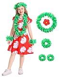 Anjite Girls Red Hawaiian Style Princess Dress with White Leaf Print - Includes Flower Hairpin & Luau Flower Lei Set - Perfect for Halloween, Birthday & Tropical Parties AJ015XXL