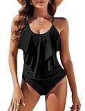 Edelqual Womens One Piece Swimsuits Tummy Control Full Coverage Swim Bathing Suit Slimming Modest Ruffled Sexy Corset Beach Matching Swimwear (Black,XL)