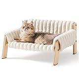 MEWOOFUN Cat Couch Bed, Pet Sofa for Indoor Cats Wooden Indoor Elevated Cat Beds with Removable Mattress Cover Suitable for Kitty, Puppy or Small Animal (Cream, Medium)