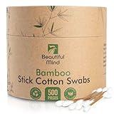 Beautiful Mind Bamboo Cotton Swabs for Ears – 500 Pack – Carbonized Bamboo Ear Swabs for Durability with Long Qtips – Eco-Friendly, Biodegradable & Vegan – 100% Organic Cotton Swabs for Makeup