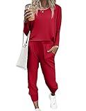 Ekouaer Women's Pajama Sets Casual 2Pcs Sleepwear Long Sleeve Pullover Tops Long Joggers Pants with Pockets Wine Red