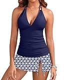 Yonique 2 Piece Swimsuits for Women Halter Tankini Top with Skirt Bottom Tummy Control Bathing Suit Navy Blue Geometric L