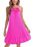 Ellames Women's Summer Spaghetti Strap Pleated Casual Swing Midi Dress with Belt Fuchsia Small