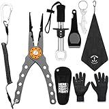 VioraWhite 8 Pieces Fishing Tools Kit Fish Hook Remover Set Include Fishing Pliers Fish Lip Gripper Multifunction Scissors Fishing Gloves Towel Keychain Hook for Men Women Fishing Gifts(Black)