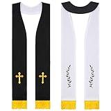 Panitay Embroidered Wedding Reversible Stole with Tassels Clergy Mass Stole with Cross Wedding Pastor Stole (Trendy, Black and White)