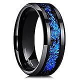 King Will Mens 8mm Black Tungsten Carbide Wedding Ring Blue Foils Inlay Tungsten Ring Beveled Edge Tungsten Ring 10