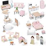 Pithfor Wooden Dollhouse Furniture Set, Dollhouse Accessories and Furniture, with 7 Rooms 3 Dolls, Includes Patio Set & Dog Set, Doll House Furniture Toys Gift for Kids Boys Girls