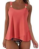 SUUKSESS Women Ruffle High Waisted Tankini Swimsuits Slimming Tummy Control Bathing Suits 2 Piece (Coral Pink Leaf, 2XL)